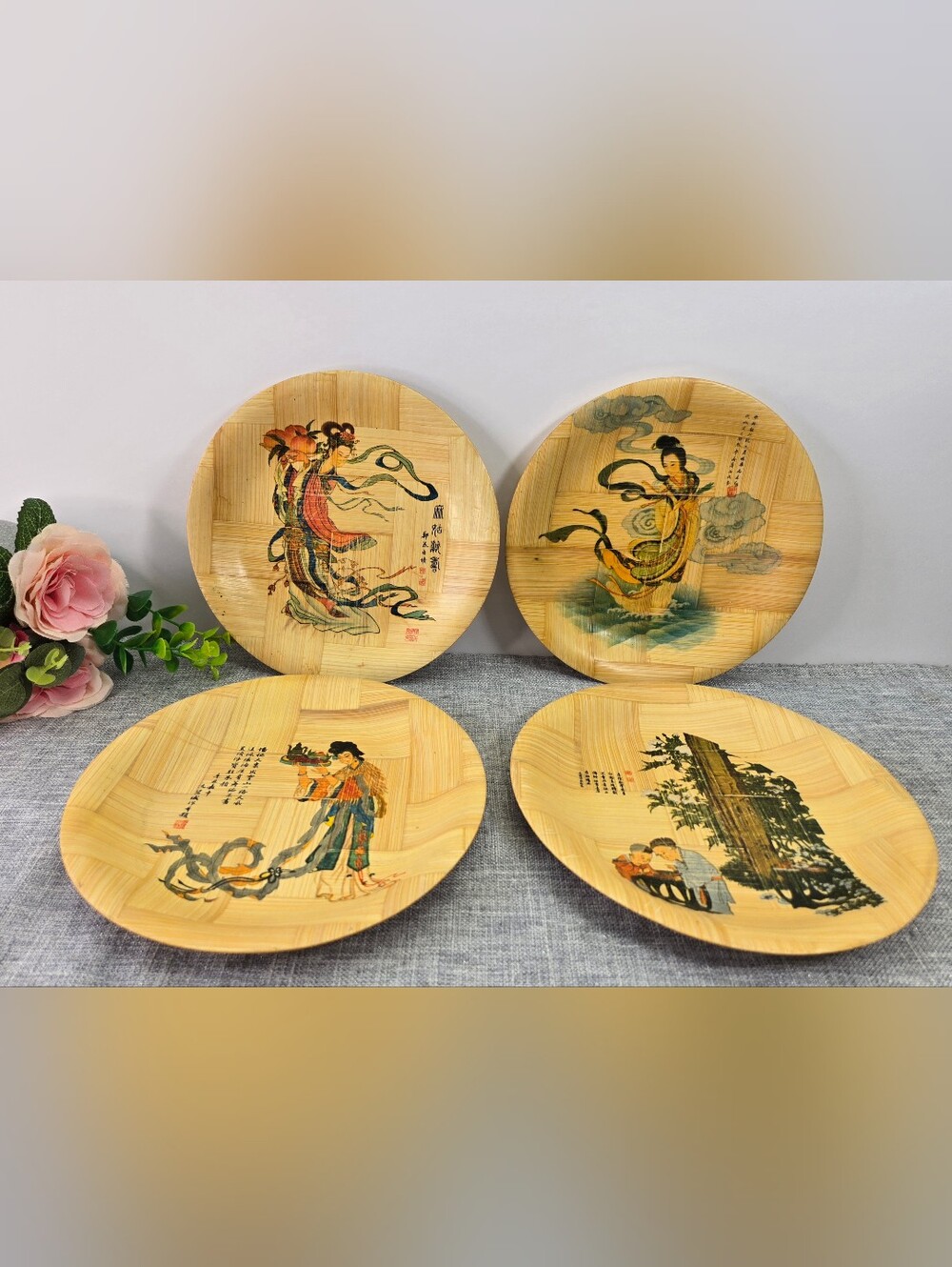 Vtg Chinese Woven Bamboo Decorative Plates Set of 4 Taiwan Asian Wall Art 8”